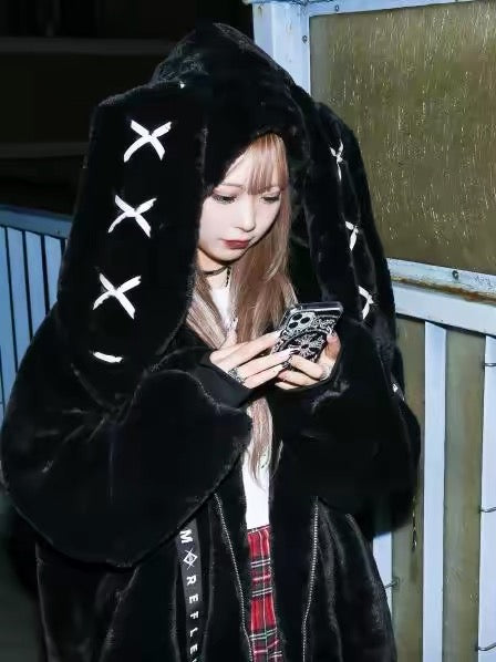 Black oversized bunny ear plush jacket