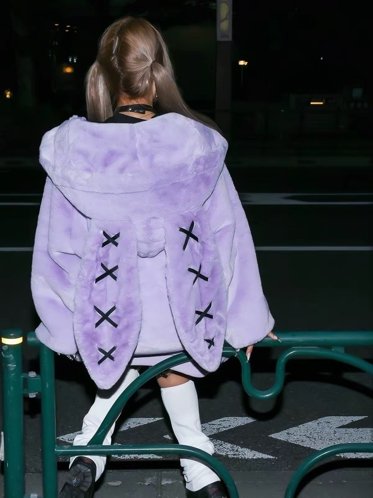 Purple bunny ear plush jacket back view