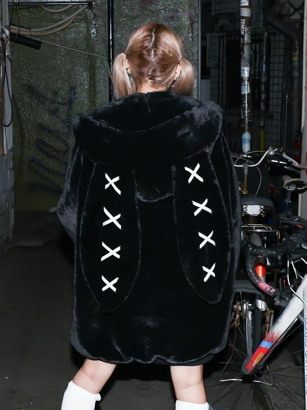 White oversized bunny ear plush jacket