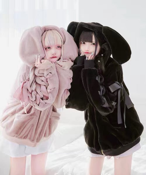 Pink and black bunny ear jackets styled
