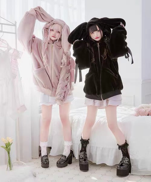 Pink and black oversized bunny ear jackets
