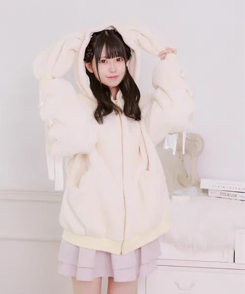 White bunny ear jacket full look