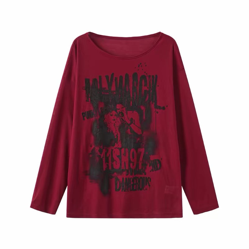 Burgundy oversized long sleeve graphic top front view