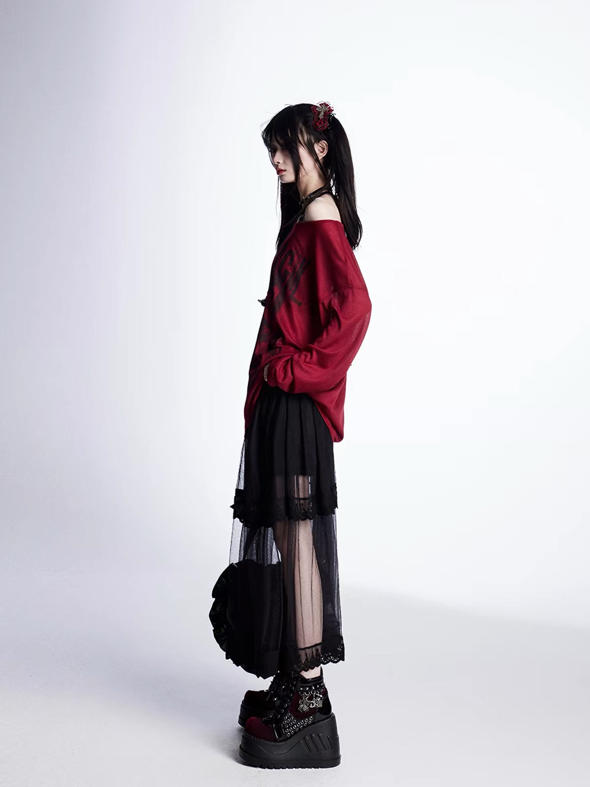 Burgundy oversized graphic long sleeve top full outfit
