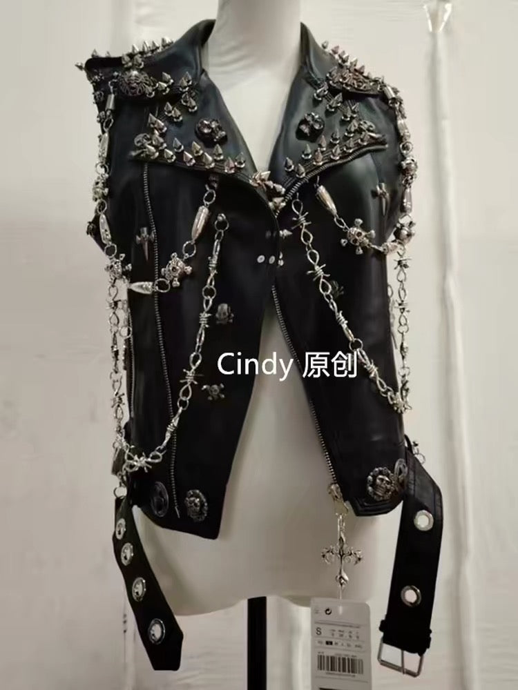 Black sleeveless studded chain vest front view