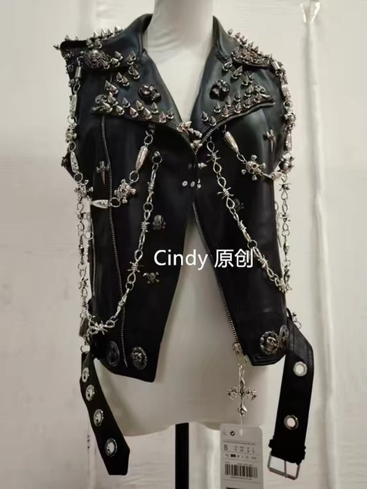 Black sleeveless studded chain vest front view