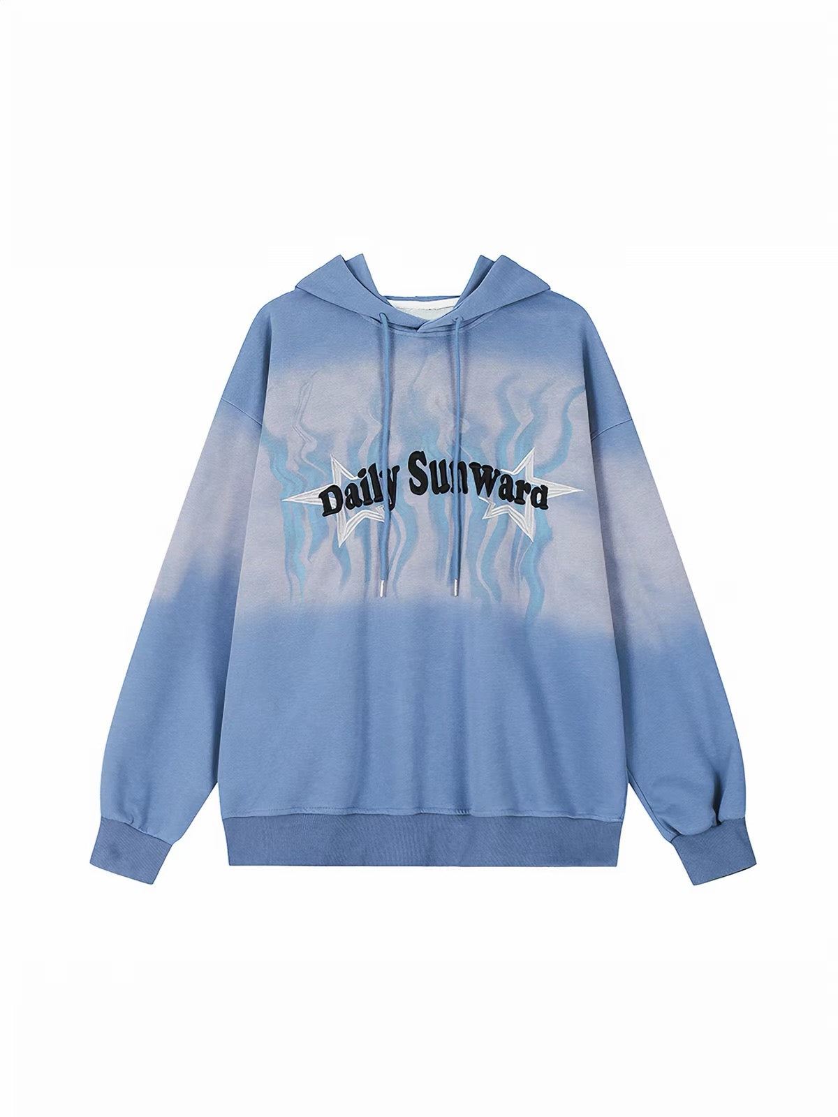 Blue oversized hoodie with faded graphic and Daily Sunward text