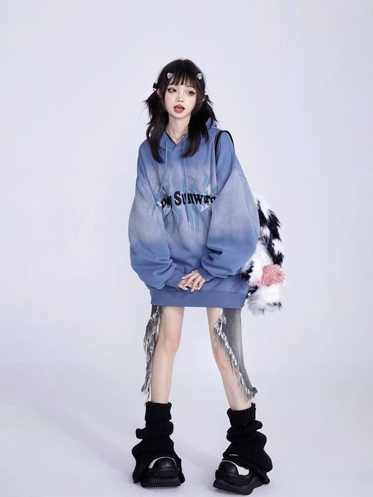 Blue oversized hoodie styled as a long top