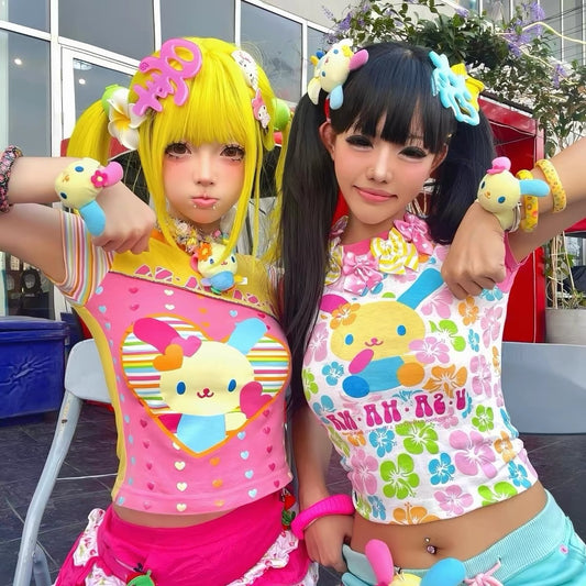 Pink Decora Kei bunny graphic top styled on model