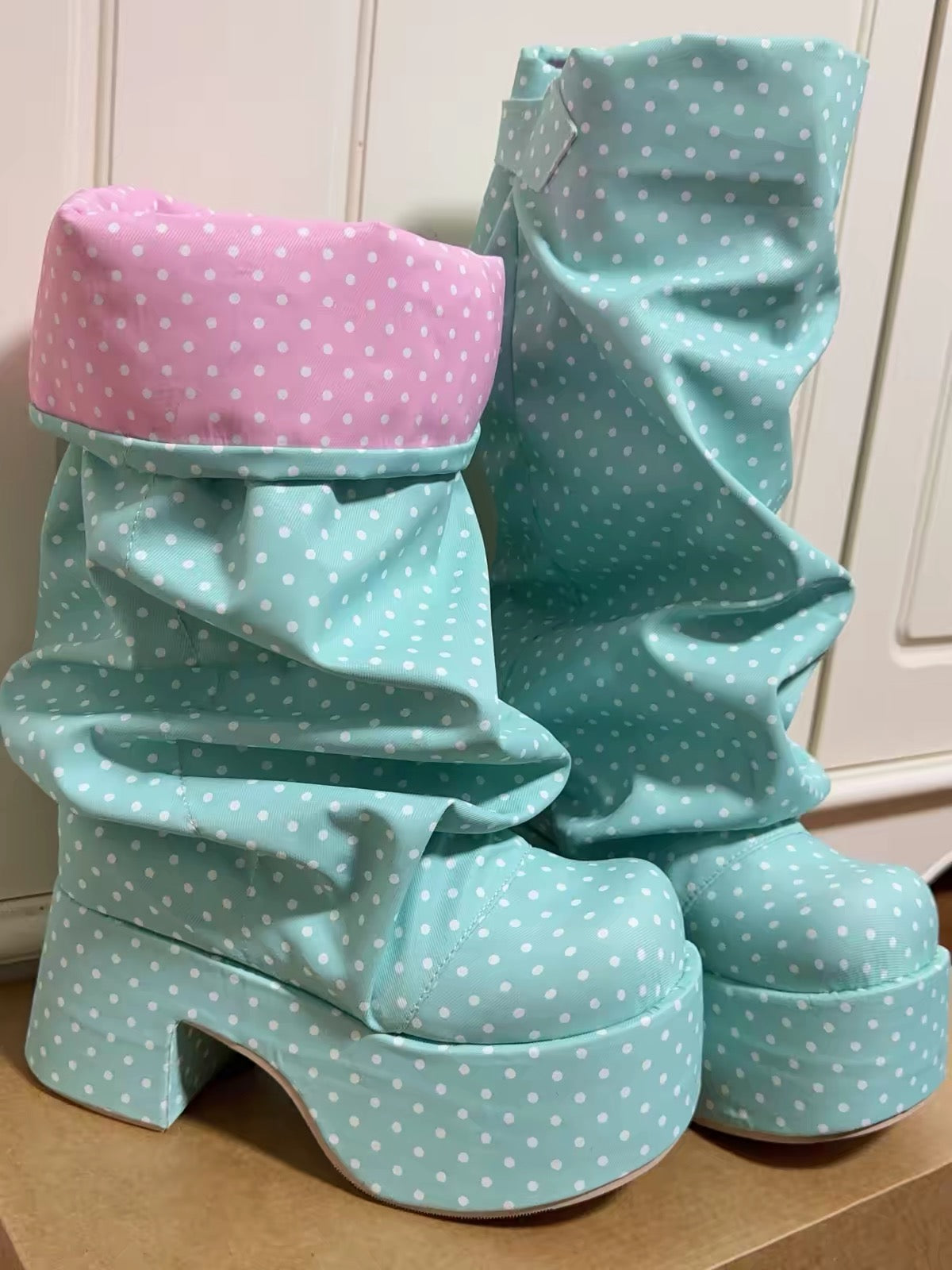 Mint polka dot Decora platform boots side view