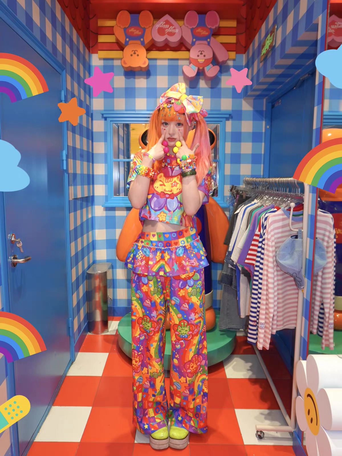 Colorful Decora outfit with rainbow skirt overlay