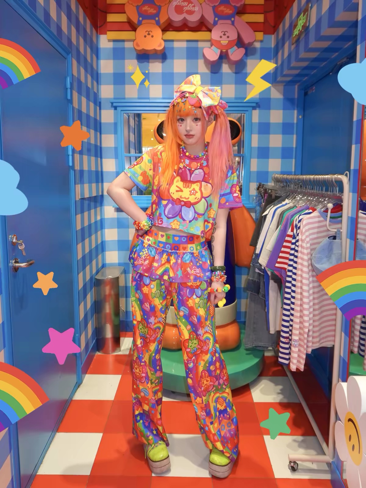 Close-up of colorful Decora rainbow skirt overlay