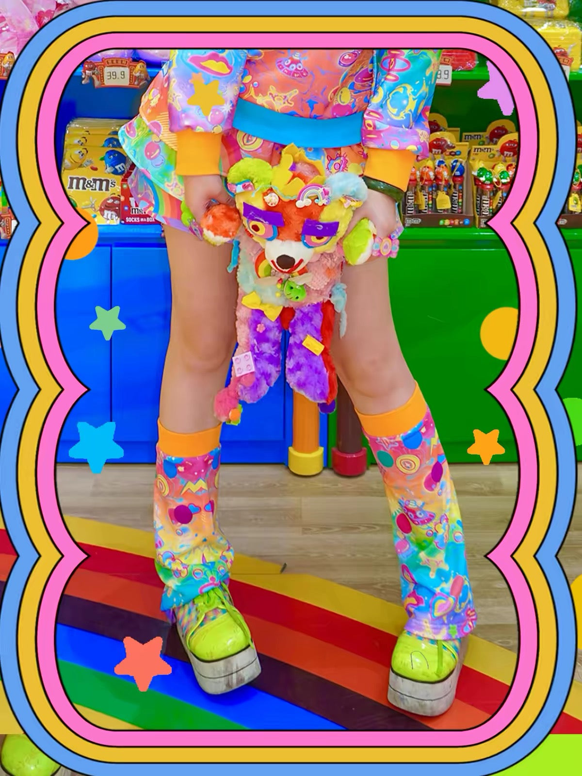 Dream Bubble Decora leg warmers styled with colorful outfit