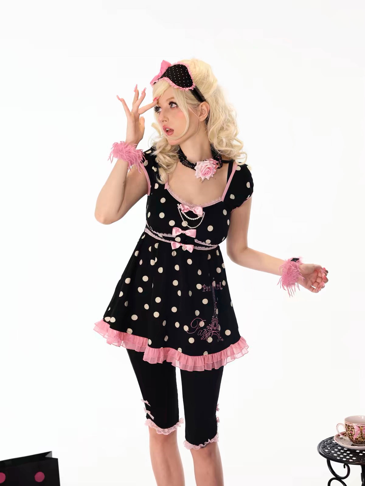 Evil Tooth Paris Girl black polka dot top and shorts set front view
