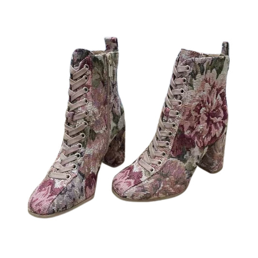 Floral tapestry lace-up heeled ankle boots