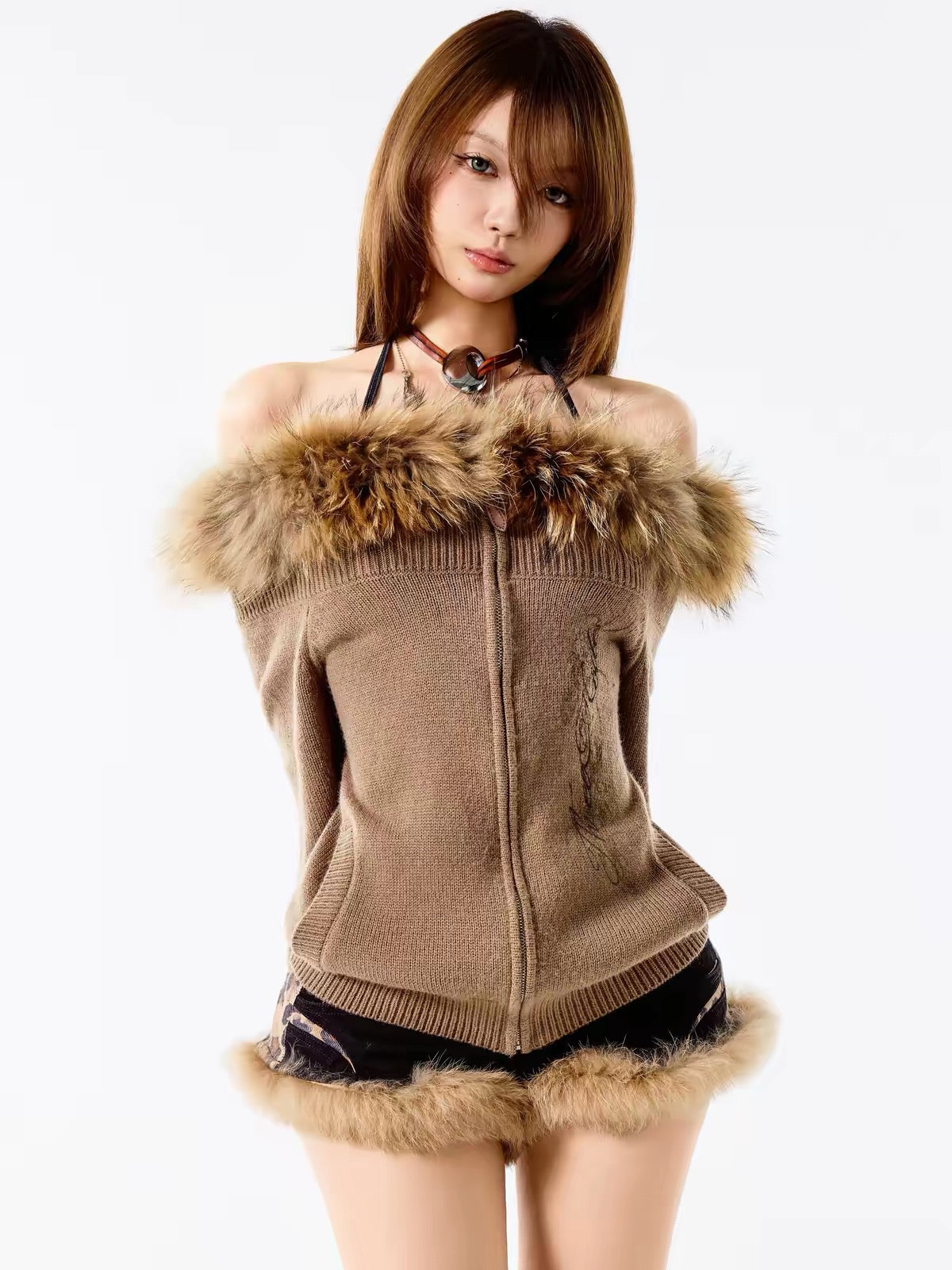 Brown fur-trim off-shoulder knit zip jacket front view