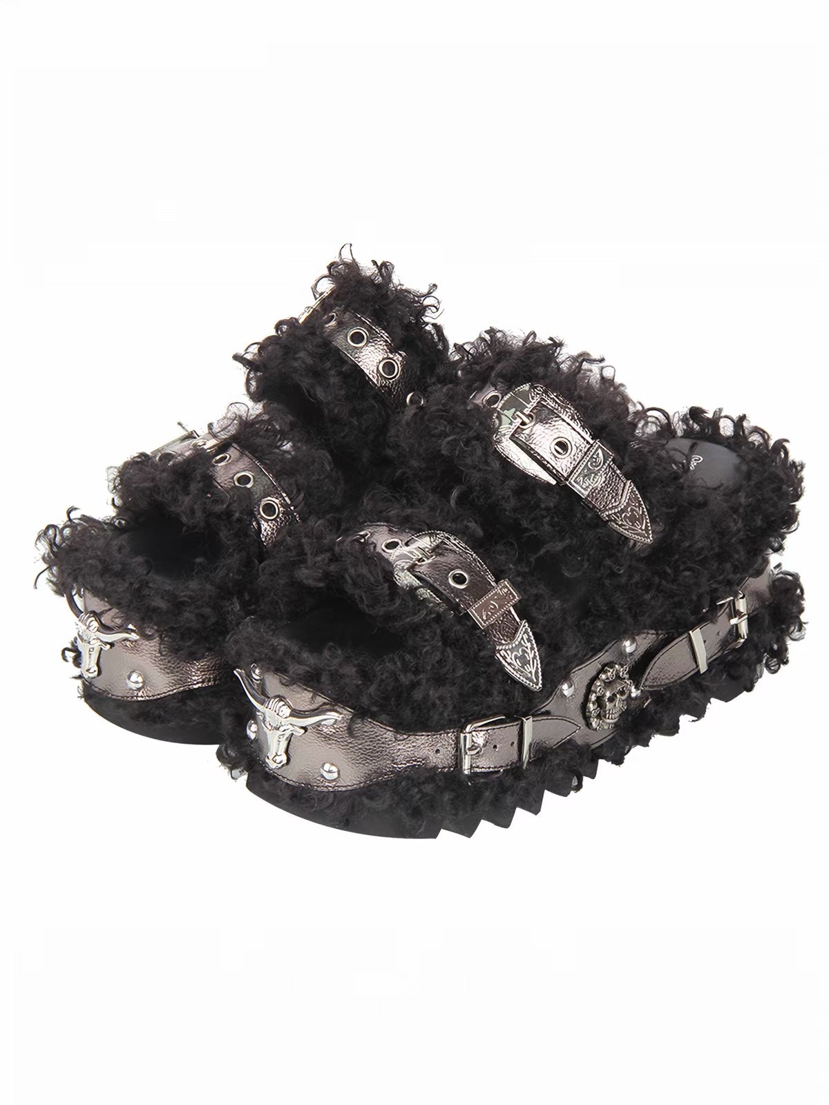 Black furry platform sandals with western silver hardware