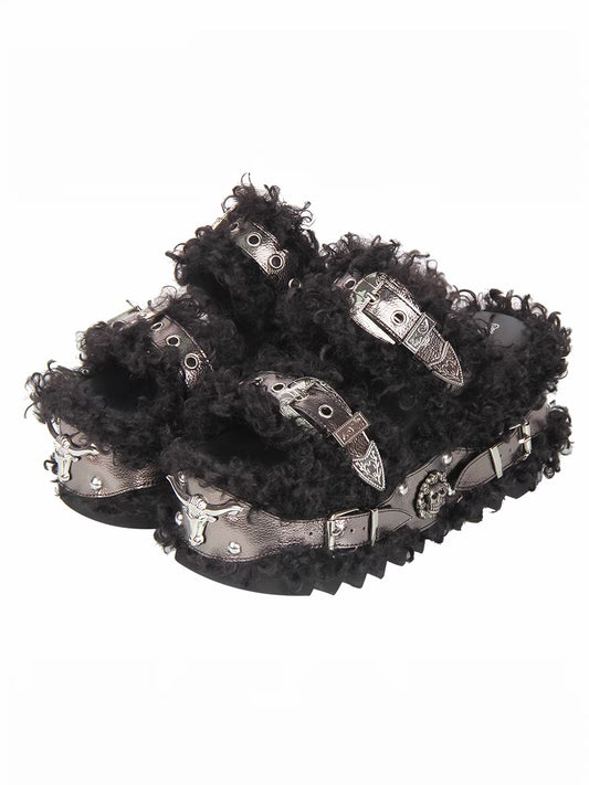 Black furry platform sandals with western silver hardware