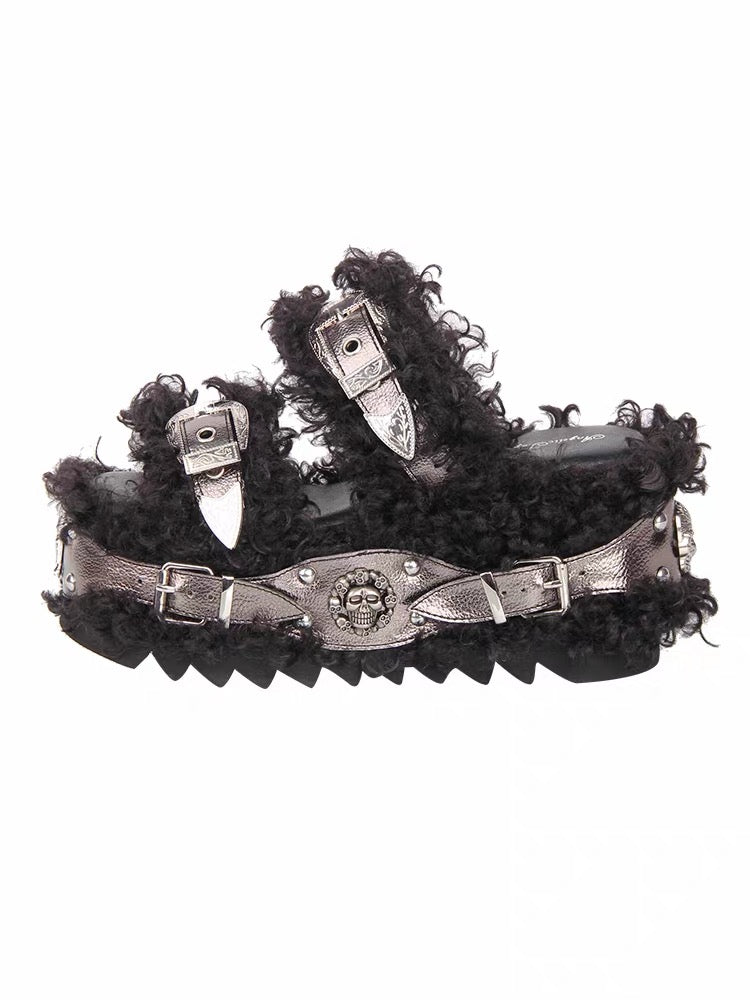 Side view of black furry platform sandals