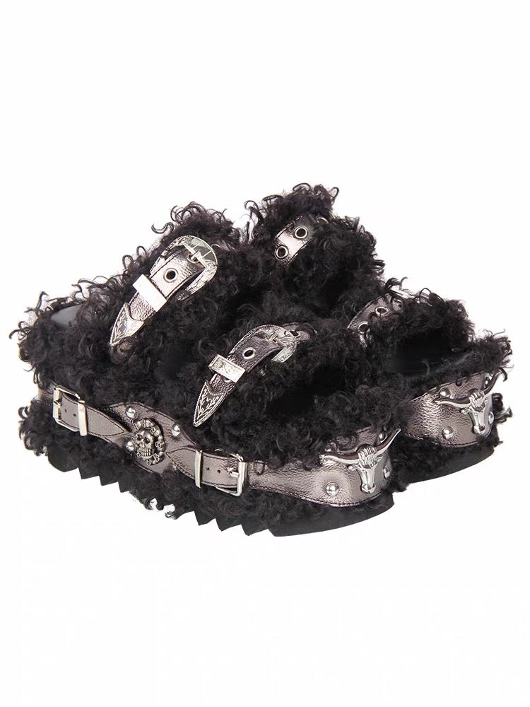 Angled view of black furry platform sandals