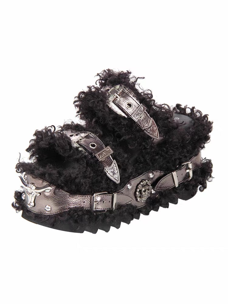 Black furry platform sandals with buckle details