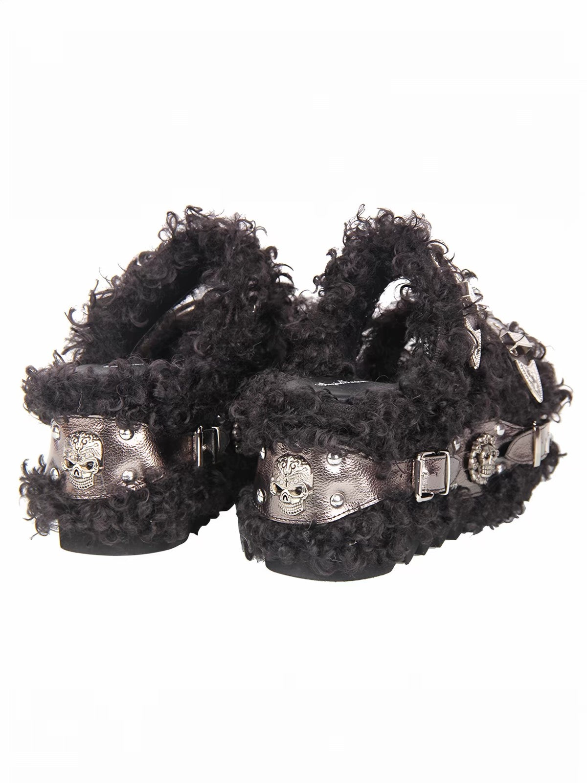Back view of black furry platform sandals