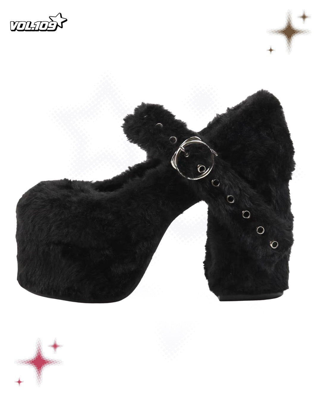 Black fuzzy platform Mary Jane heels with chunky block heel