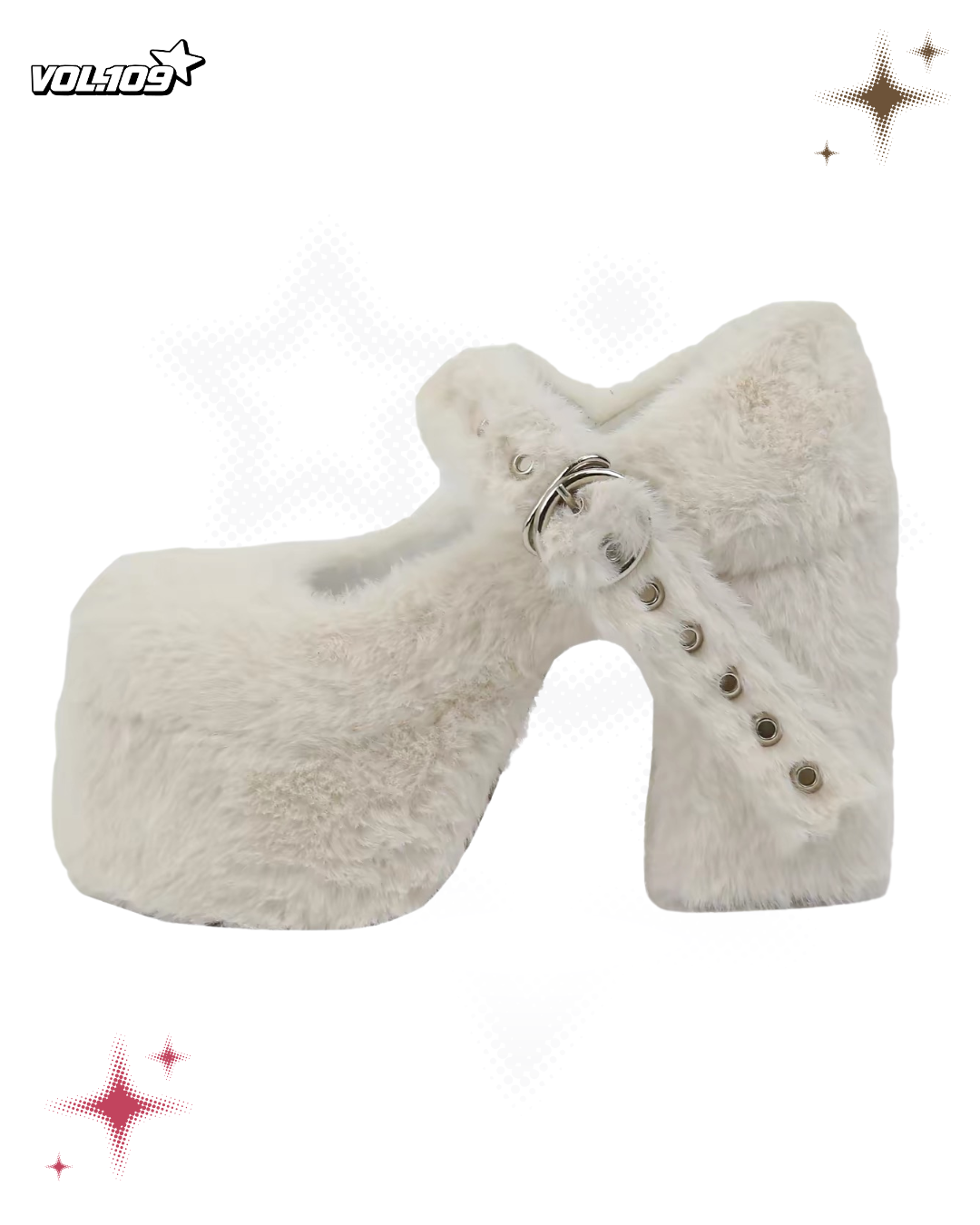 Cream fuzzy platform Mary Jane heels with chunky block heel