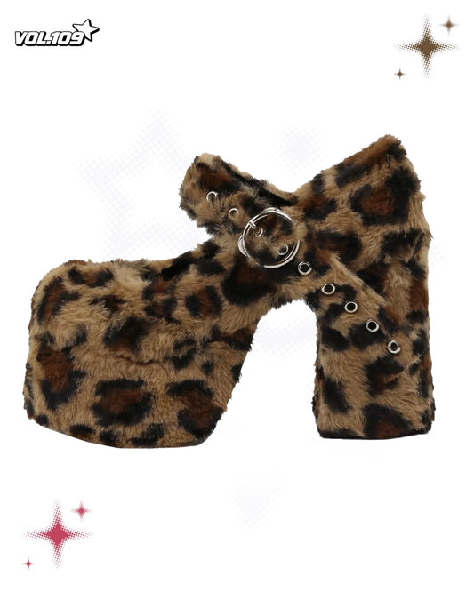 Leopard print fuzzy platform Mary Jane heels with chunky block heel