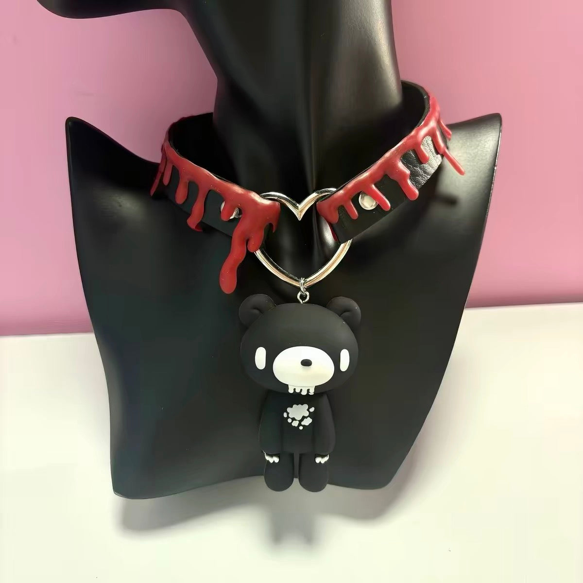 Black gothic drip choker with heart ring and black bear charm