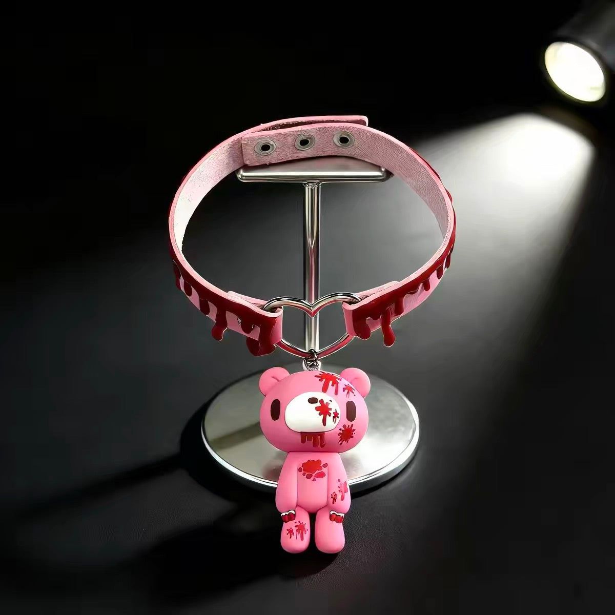 Pink gothic drip choker with heart ring and bear charm