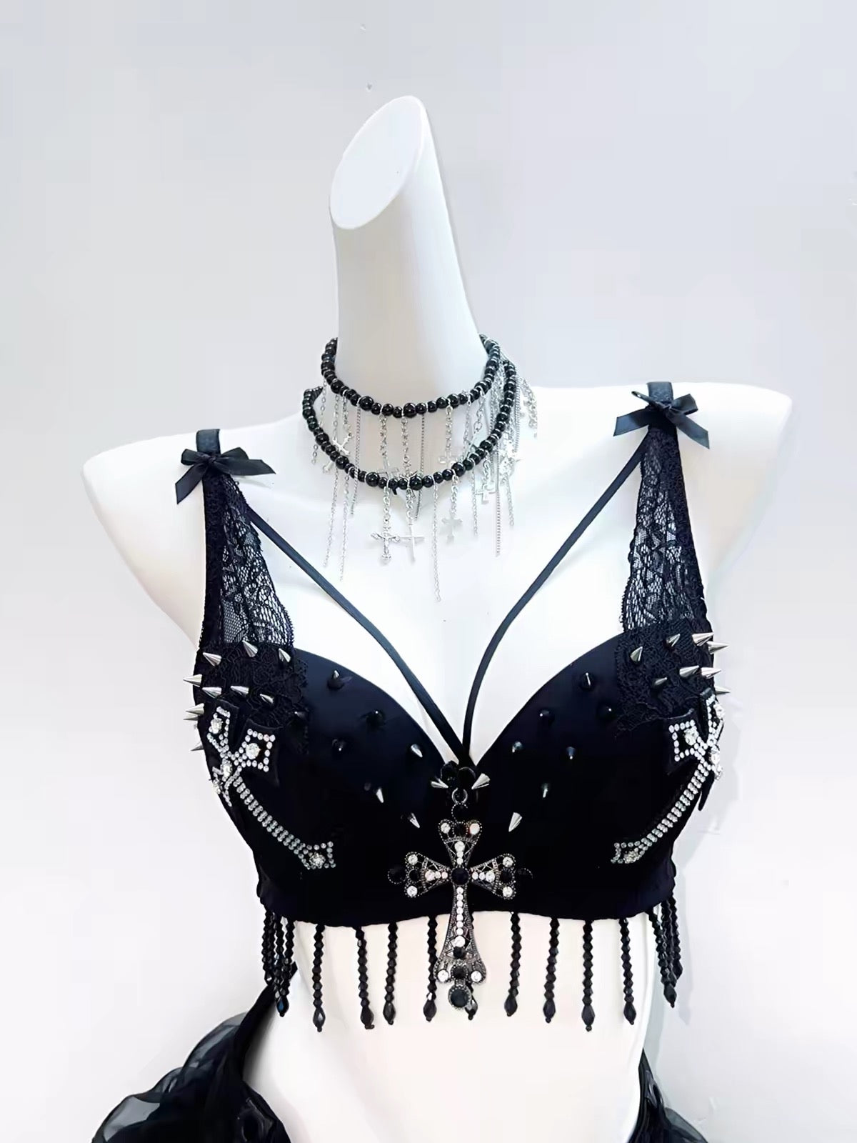 Black gothic bra top with spikes, rhinestone crosses and beaded fringe