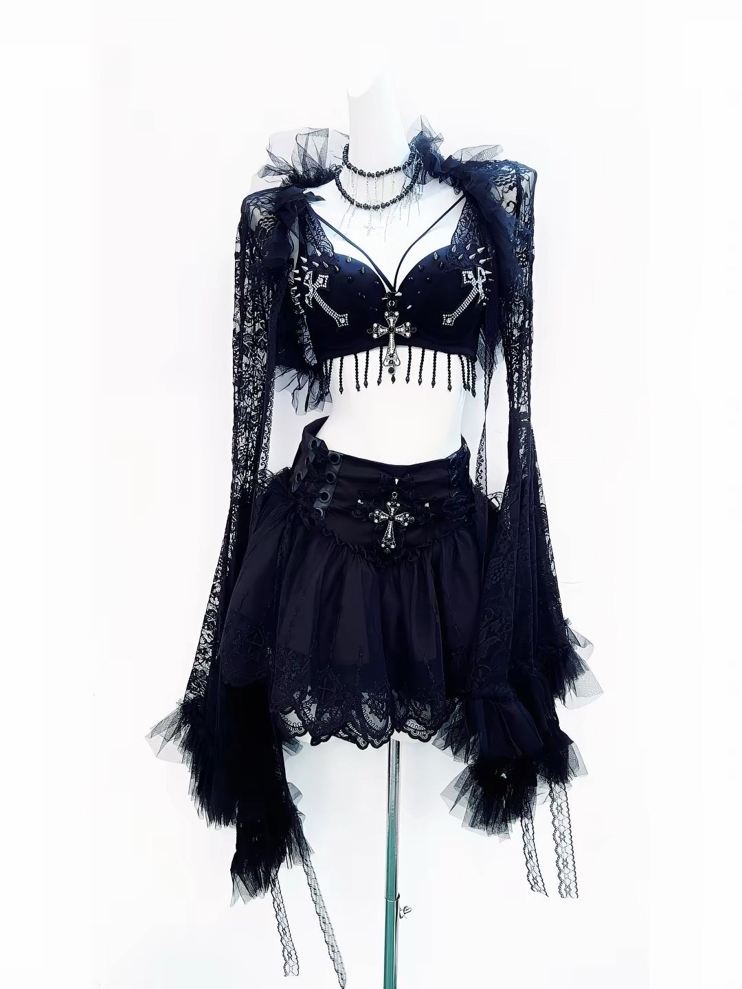 Black gothic lace full set with cross top, skirt, lace jacket and necklace
