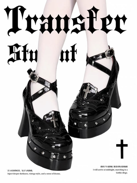 Black patent gothic platform heels with cross detail