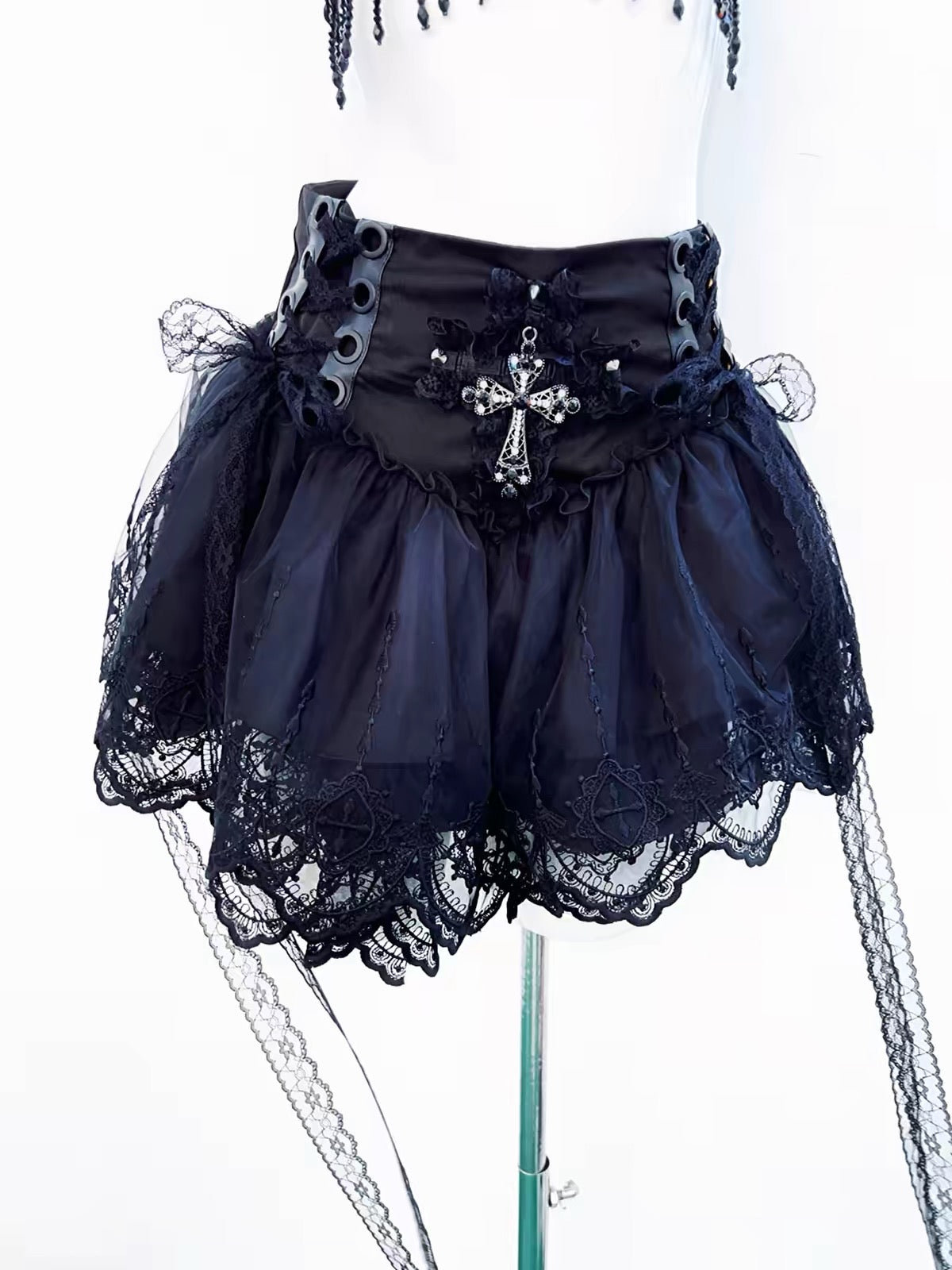 Black gothic layered mini skirt with lace, cross ornament and side ribbons