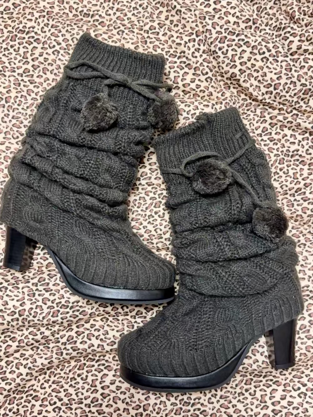 Gray knit slouch platform boots side view