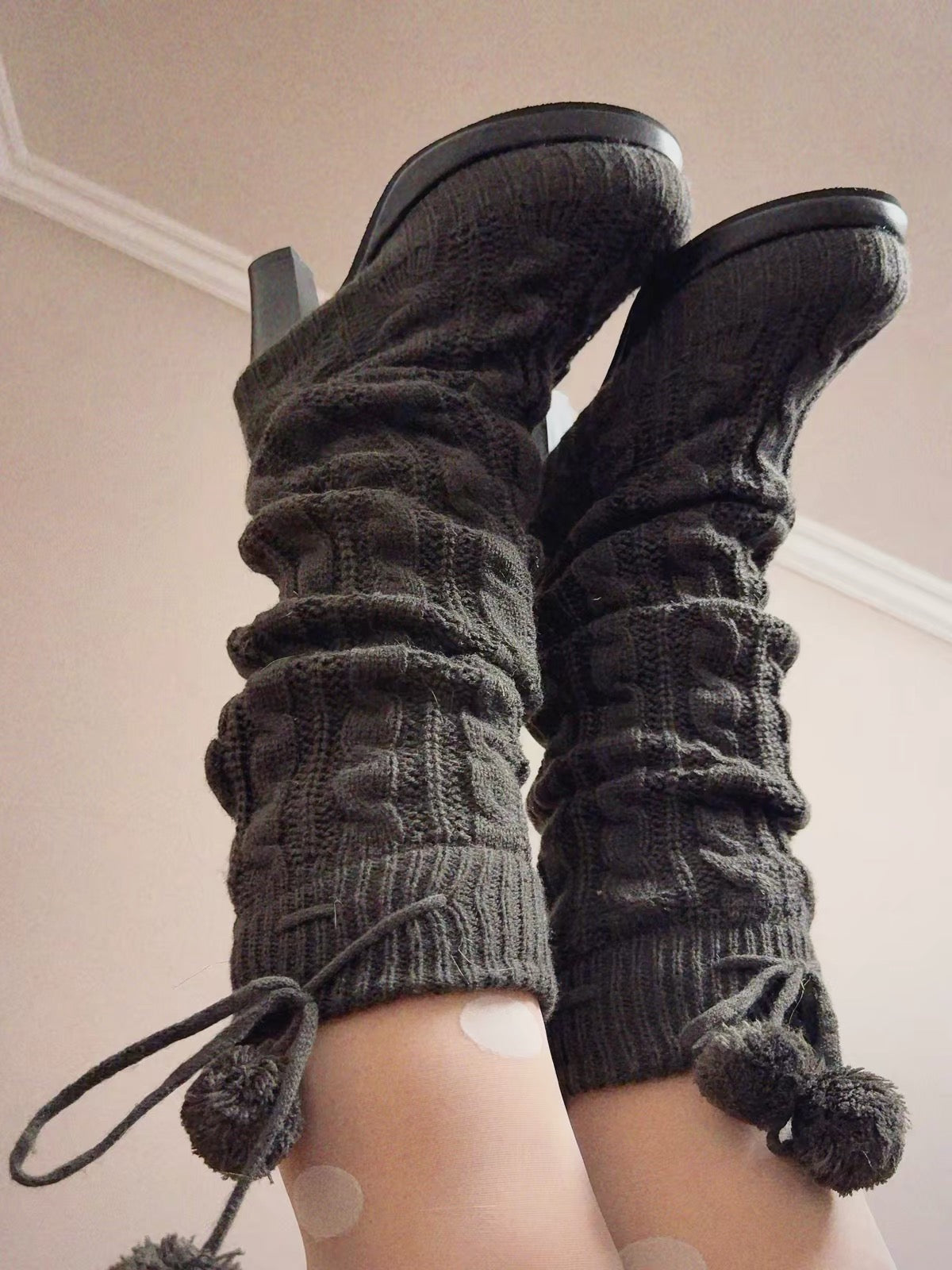 Gray knit slouch platform boots worn view