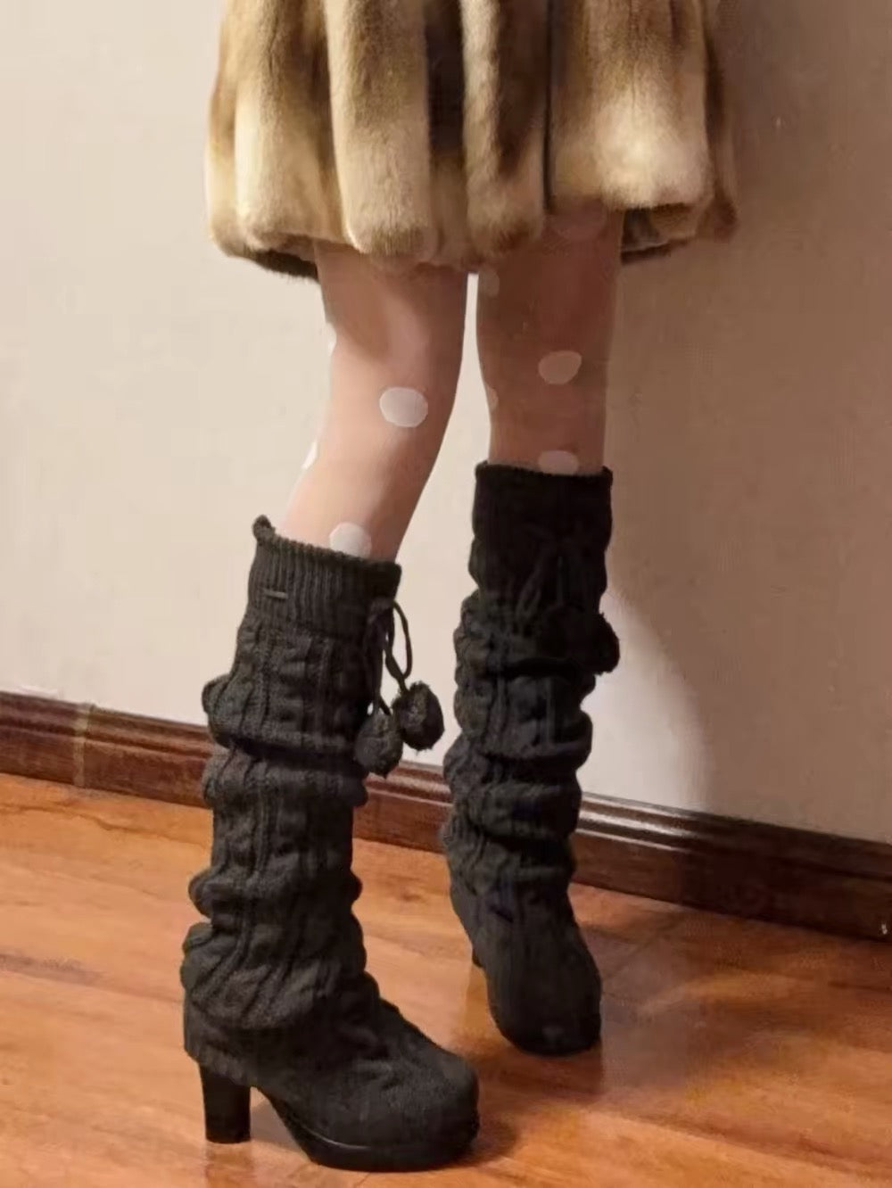 Gray knit slouch platform boots outfit view