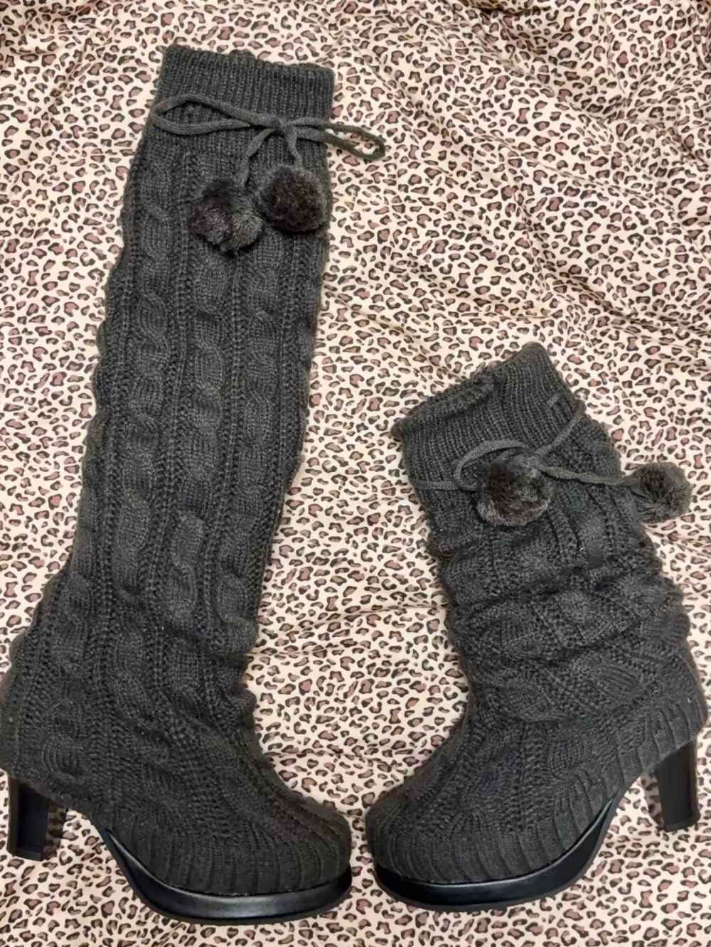 Gray knit slouch platform boots full length view