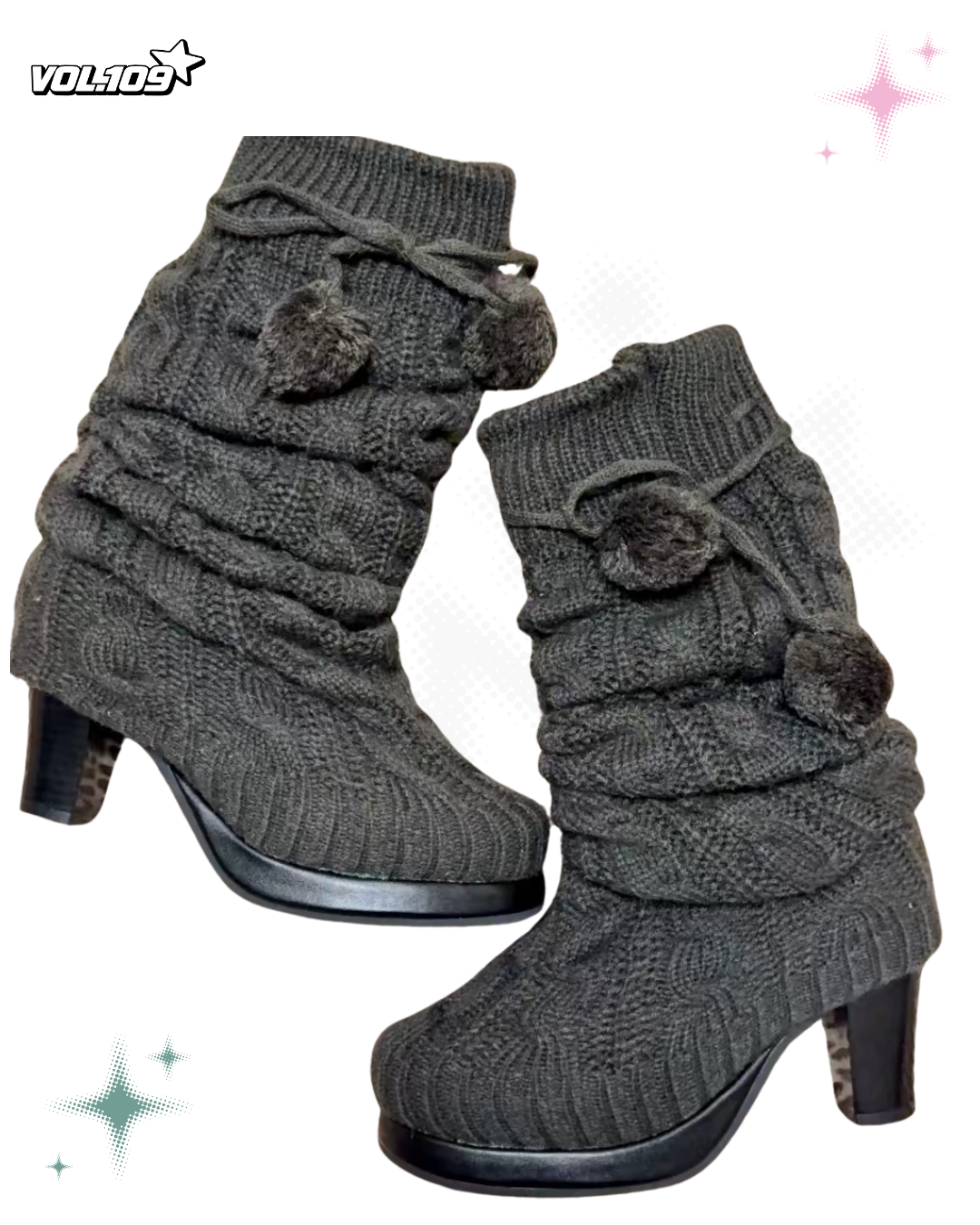 Gray knit slouch platform heeled boots with pom-pom ties