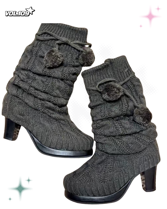 Gray knit slouch platform heeled boots with pom-pom ties