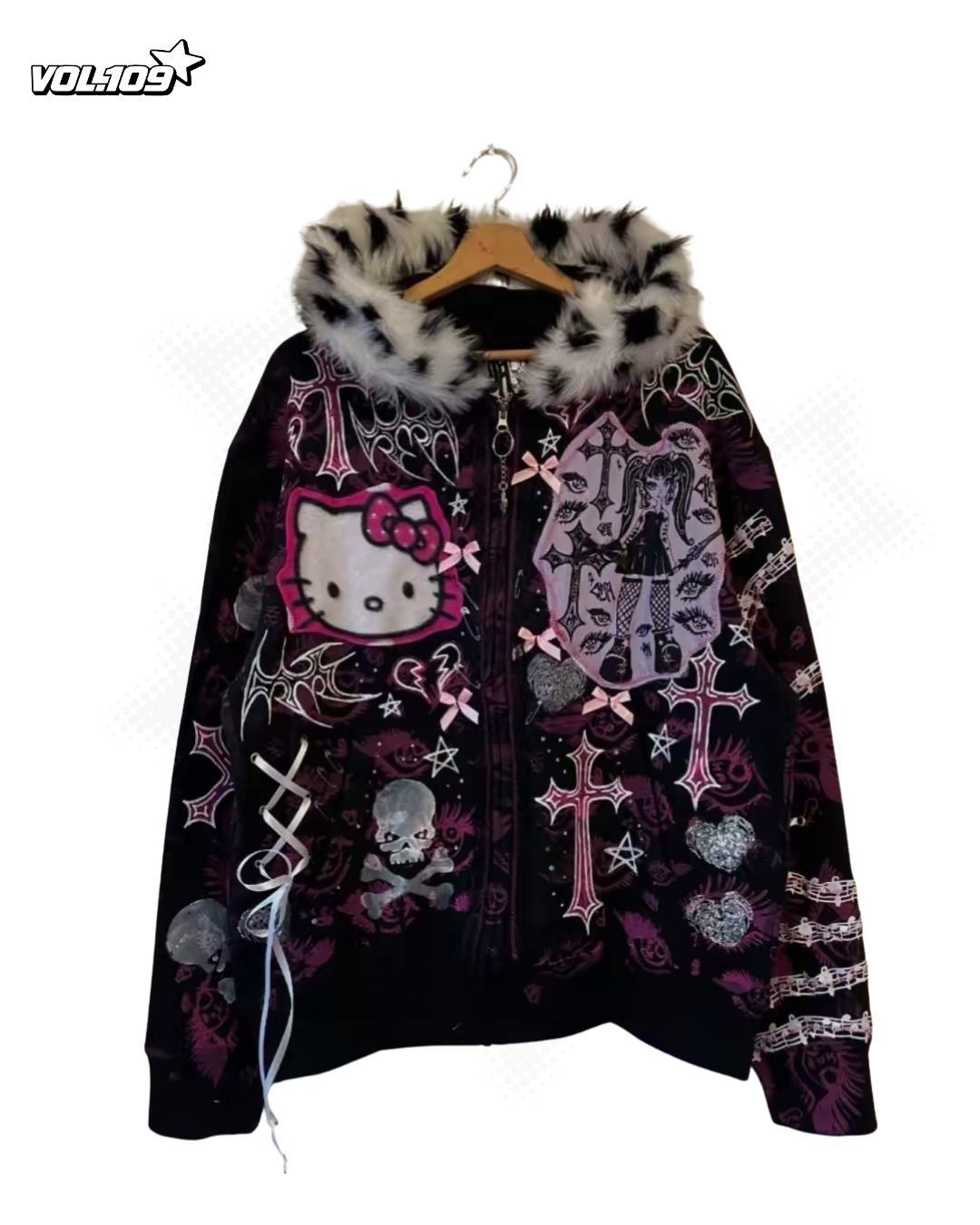 Black and pink graphic jacket with faux-fur trimmed hood