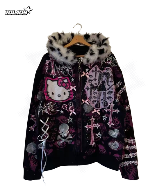 Black and pink graphic jacket with faux-fur trimmed hood
