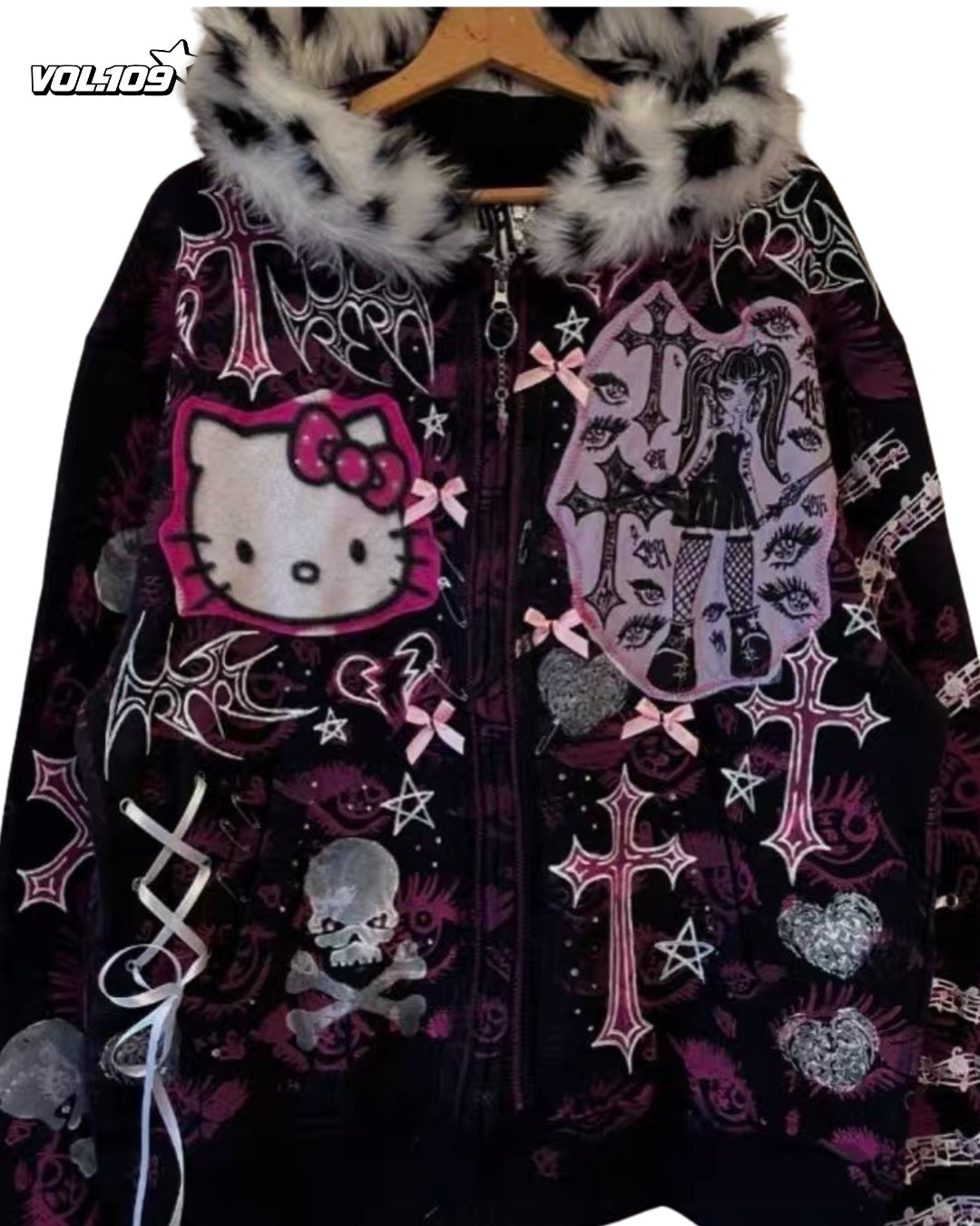 Close view of black and pink graphic jacket with faux-fur hood