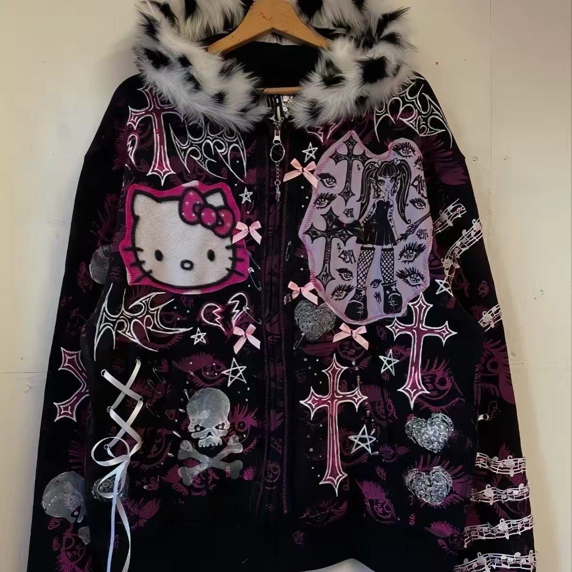 Black and pink graphic zip jacket front view