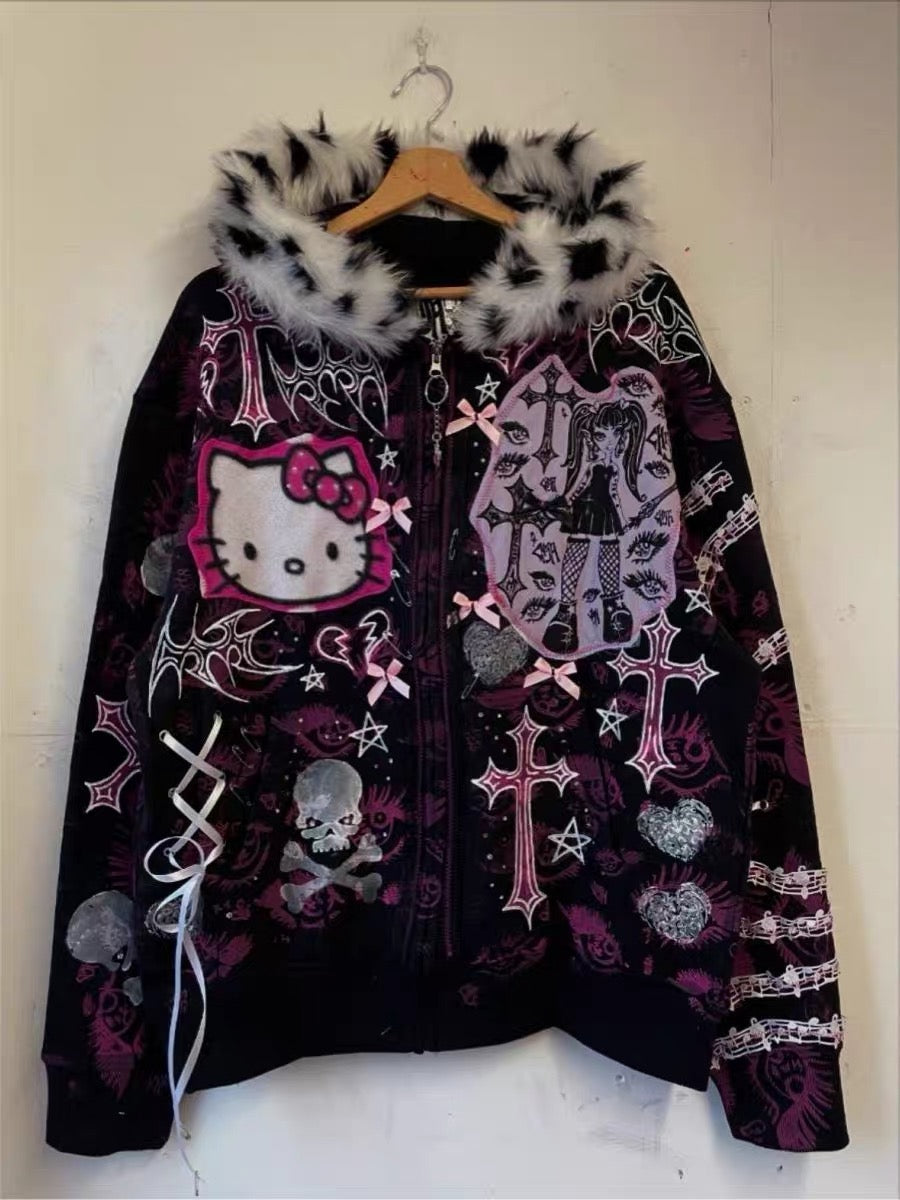 Black and pink graphic jacket hanging front view