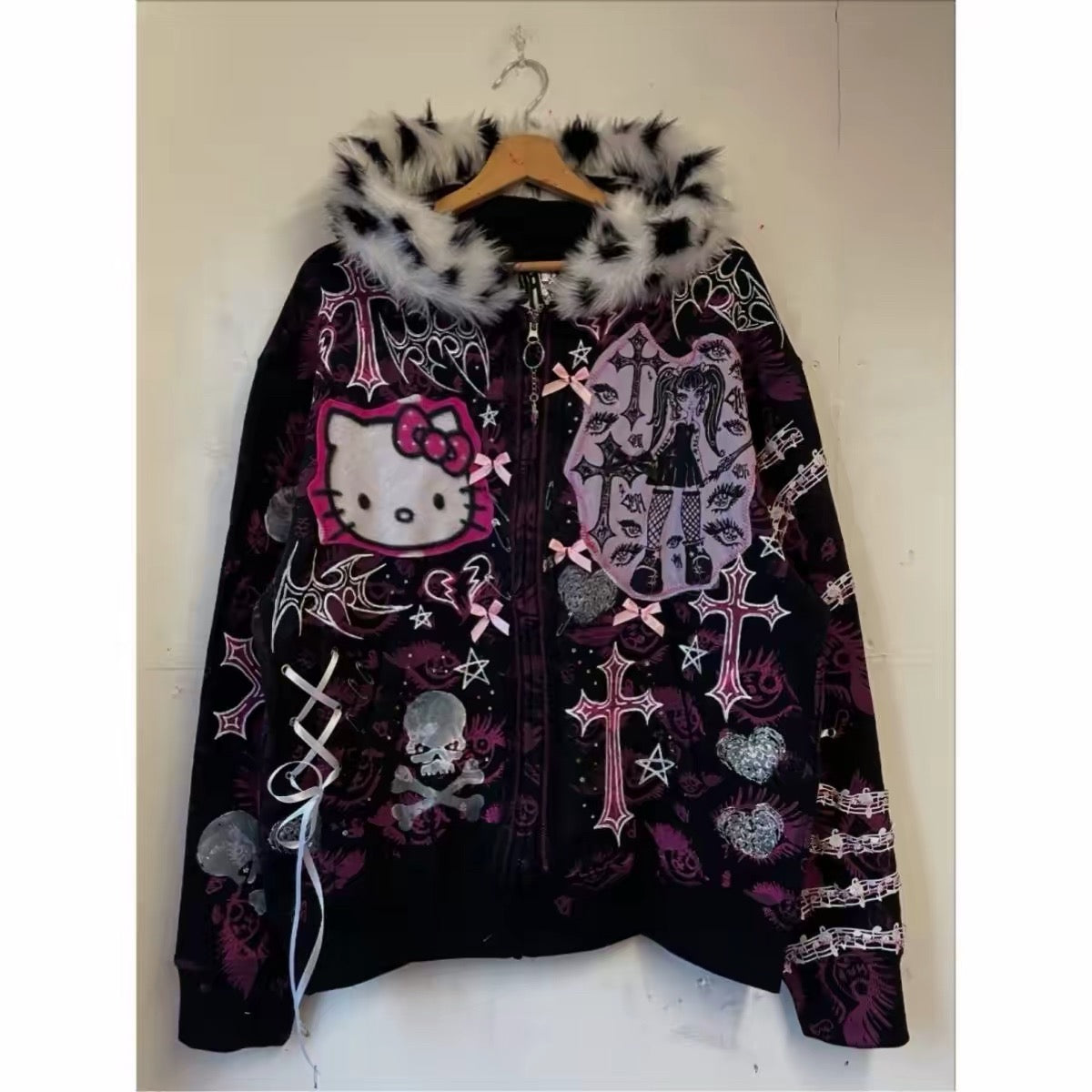 Black and pink graphic jacket with faux-fur trimmed hood