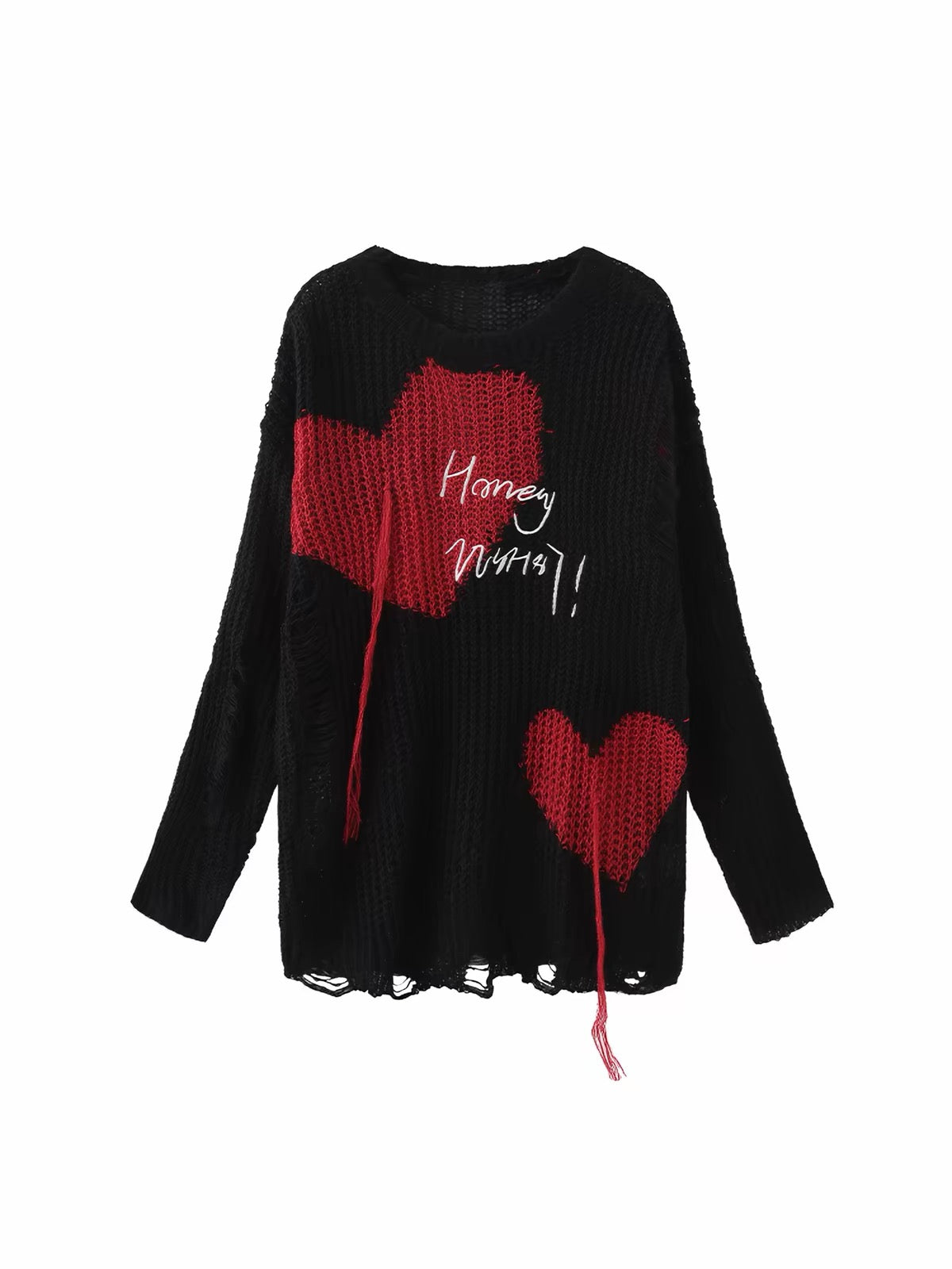 Black distressed knit sweater with red heart graphics