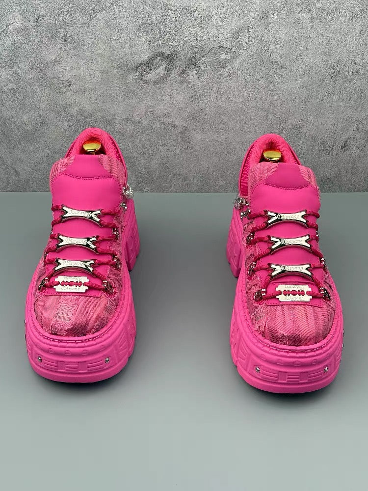 Pink industrial platform sneaker with silver hardware
