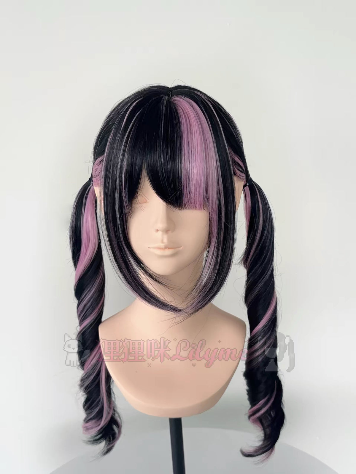 Black and dusty pink twin-tail curl wig front view